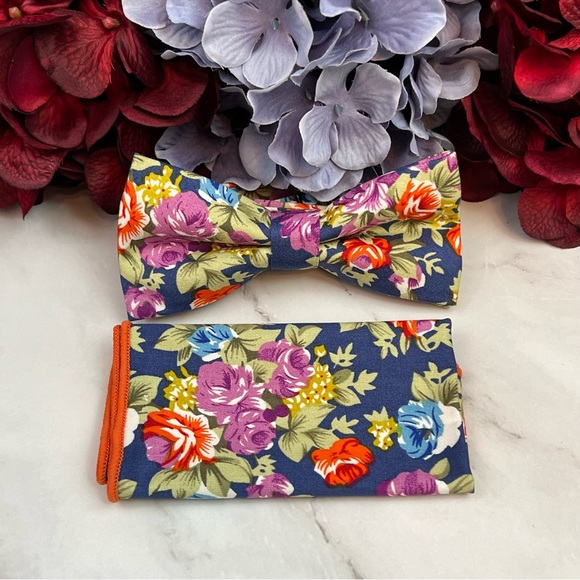 Blue Floral Butterfly Bow Tie and Pocket Square - Picture 6 of 16